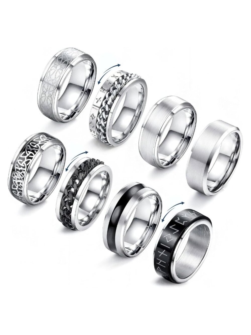 8 Pc Stainless Steel Rings for Men Fidget Spinner Band Set